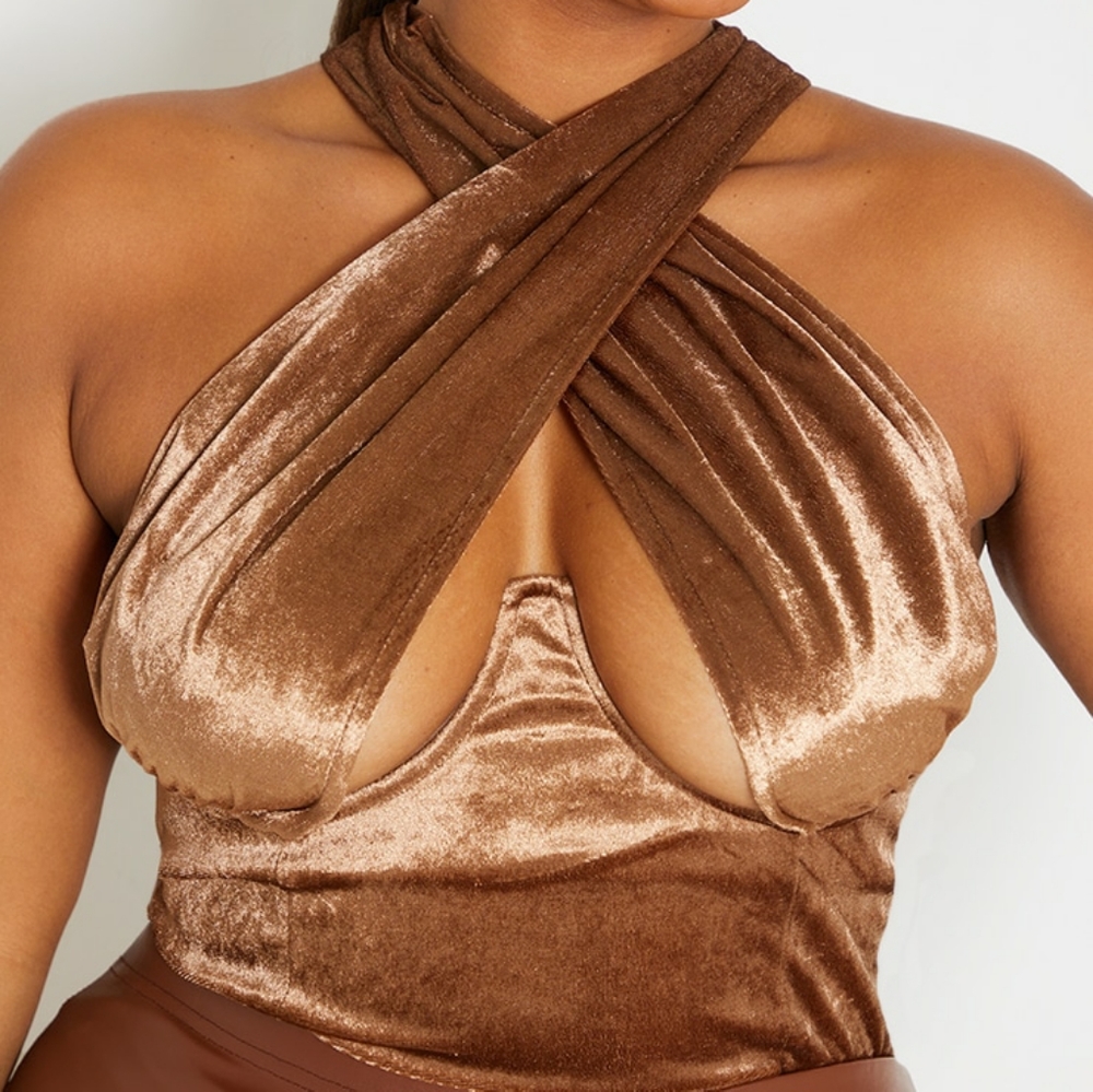 Pretty Little Things Mocha Velvet Underwire Cross Front Top